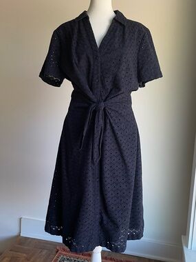 Talbots Navy Blue Eyelet Tie-Waist Midi Dress Size 14